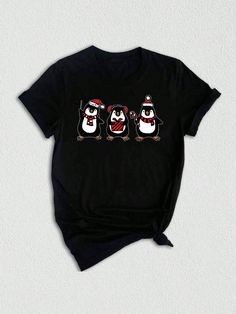 This Penguin Christmas Shirt is the perfect addition to your holiday wardrobe. Featuring adorable Christmas Penguins with Santa Hats, this shirt is perfect for any Penguins Lover. The design is festive and fun, making it the perfect Xmas Outfit for any holiday party or gathering. Whether you're looking for a gift for a Penguins Lover or just want to add some holiday cheer to your wardrobe, this Penguin Christmas Shirt is the perfect choice.Penguin Christmas Shirt, Christmas Penguins Shirt, Christmas Penguins With Santa Hat, Penguins Lover Shirt, Xmas Outfit Black Casual  Short Sleeve  Animal,Cartoon,Christmas,Colorblock,Figure,Geometric,Graphic,Letter,Striped,Plants,Textured Pattern    Women Clothing, size features are:Bust: ,Length: ,Sleeve Length: Christmas Penguins, Xmas Outfit, Plant Texture, Penguin Christmas, Cartoon Christmas, Santa Hats, Animal Cartoon, Outfit Black, Geometric Graphic