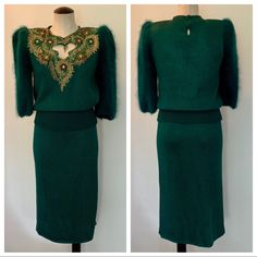 Perfect Condition Emerald Green Skirt And Sweater Set With Beaded And Chain Embellishments. Adorable Heart Cutout At Chest. No Tag For Size But Best Fits A Medium. Sweater: Length 25 Sleeves 17 Waist 28 Chest 36 Skirt: Length 29 Waist 29 Hips 36 Shoulder Pads Built In But Removable Emerald Green Skirt, Skirt And Sweater, Green Skirt, Sweater Set, Skirt Length, Shoulder Pads, Green And Gold, Emerald Green, Skirt Set