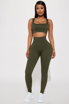 Available In Olive. Athletic Legging in Ribbed Seamless No Seam Supportive Structure To Reduce Chafing Sweat Wicking Designed For Studio, Training And Running High Waist Pair With "Roxane Ribbed Seamless Active Sports Bra" 92% Nylon 8% Elastane Imported | Fighter Ribbed Active Legging In Infinity Seamless in Olive Green size Small by Fashion Nova Body Training, Active Leggings, Athletic Leggings, Gym Wear, Army Green, Fashion Nova, Olive Green, Sports Bra, High Waist