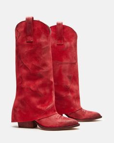 SORVINO Red Suede Foldover Knee High Western Boot | Women's Boots – Steve Madden Western Style Suede Boots With Pointed Toe, Western Style Red Leather Mid-calf Boots, Red Heeled Boots For Rodeo, Red Leather Heeled Boots For Rodeo, Fitted Suede Mid-calf Boots With Snip Toe, Suede Pointed Toe Boots For Ranch, Suede Boots With Pointed Toe For Ranch, Western Heeled Boots With Suede Lining For Winter, Red Snip Toe Heeled Boots For Fall