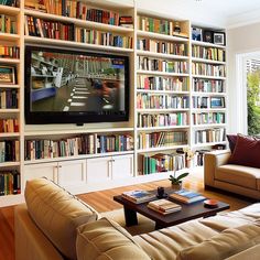 a living room filled with furniture and a flat screen tv mounted on a book shelf