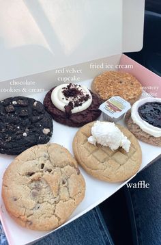 a box filled with lots of different types of cookies and ice creams on top of each other