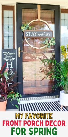 front porch decor for spring with text overlay that reads, my favorite front porch decor for spring