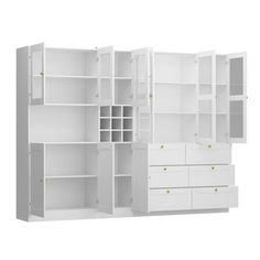 an open closet with white shelves and drawers on the wall, against a white background