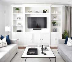 a living room filled with furniture and a flat screen tv mounted on a white wall