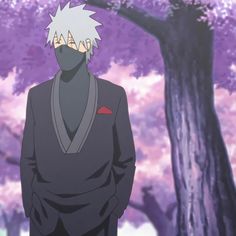 an anime character standing in front of a tree