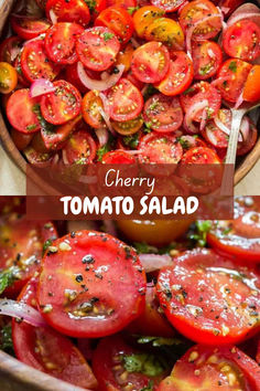 tomato salad using cherry tomatoes in a wooden salad bowl. Tomato Parmesan Salad, Tomatoes Recipes Fresh, Tomato Salad Ideas, Tomatoe Salad Recipe, Cherry Tomato Salad Recipes, Cherry Tomatoes Recipes Salad, Cherry Tomatoes Recipes, Cocktail Tomatoes, Marinated Cherry Tomatoes