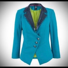 Iron Fist Women’s Starstruck Turquoise Blazer Turquoise Outerwear For Work In Fall, Fitted Turquoise Outerwear For Winter, Turquoise Long Sleeve Outerwear For Work, Turquoise Blazer, Iron Fist, Blazer Buttons, Lace Back, Suit Jackets, Classy Outfits