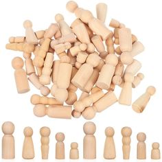 small wooden pegs are arranged in rows on a white background