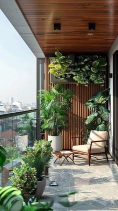 a balcony with potted plants and chairs