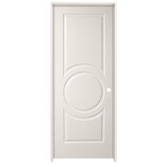 a white door with an oval design on the front and side panel, against a white background