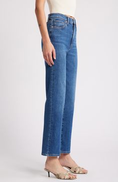 Superstretchy denim enhances the sleek, classic silhouette of high-rise straight-leg jeans that play a key role in your casual wardrobe. 28" inseam; 16" leg opening; 11" front rise; 15" back rise (size 29) Zip fly with button closure Five-pocket style 77% cotton, 18% modal, 4% elasterell-p, 1% elastane Machine wash, dry flat Made in Turkey Boy Activewear, Walker Shoes, Favorite Daughter, Mens Eyewear, Maternity Shops, Loungewear Shorts, Designer Clothes For Men, Modern Outfits, Classic Silhouette