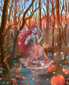 the little mermaid is sitting in the woods surrounded by pumpkins