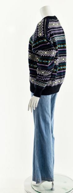 "-Vintage 80's 100% Wool Dark Tribal Multicolor Sweater -Super soft and cozy warm wool -Crew neckline -long sleeves Brand/Designer/Label: Hunt Club Tag Size: XL Fits like: Small - Medium (Depending on Desired Fit) Material: 100% Shetland Wool Condition: Good Vintage Condition! Clipped on Mannequin: NO ✂ S I Z E + F I T ✂ Length: 26\" / 66 cm Bust: 46\" / 117 cm Shoulders, seam to seam: 23\" / 58 cm Sleeve Length: 24\" / 61 cm Waist: 44\" / 112 cm All measurements are taken with garment lying fla Vintage Crew Neck Outerwear For Winter, Vintage Purple Sweater For Winter, Retro Purple Sweater For Winter, Vintage Purple Winter Sweater, Retro Purple Winter Sweater, Irish Wool Sweater, Irish Wool Sweaters, Retro Suits, Dark Rainbow