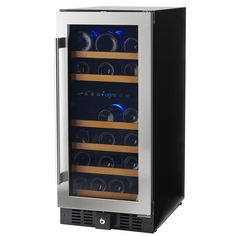 a wine cooler with many bottles in it and lights on the front, side by side