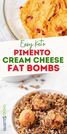 These healthy, no bake Pimento Cream Cheese Fat Bombs are nutty, cheesy, addictive and easy to make! It only takes a few minutes to prep and makes a decadent low-carb snack. A great healthy snack for kids, for diabetics or for healthy clean eating. #ketosnacks #healthysnacks #energybites #diabeticsnacks #diabeticdesserts #healthydesserts #DiabetesStrong Homemade Pimento Cheese, Cheese Cheddar, Fat Bomb, Keto Diet Breakfast, Keto Snack, Diet Breakfast Recipes, Small Food Processor, Keto Fat, Cheese Bites