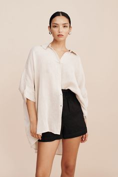 LULA SHIRT - NATURAL – THE POSSE US Oversized Relax Style Shirt For Day Out, Relaxed Oversized Shirt For Day Out, Chic Linen Tops With Shirttail Hem, Oversized Beige Summer Shirt, Oversized Beige Shirt For Summer, Effortless Oversized Blouse For Daywear, Chic Linen Shirt With Shirttail Hem, Beige Summer Shirt For Loungewear, Beige Summer Loungewear Shirt