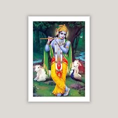 a painting of hindu god in the woods with animals and trees behind him, holding a flute