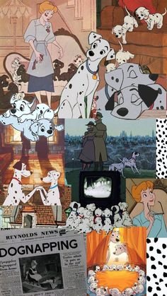 the collage has pictures of dogs and people in them, including an old tv