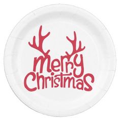 a paper plate with the words merry christmas printed on it and reindeer antlers in red