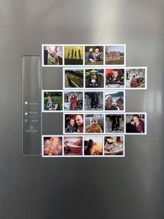 a stainless steel refrigerator with several pictures on the front and back of it's door