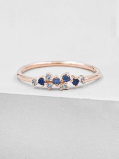 Twilight Cluster Ring Rose Gold & Blue Sapphire Ring | Etsy Wedding Rings Sapphire Small, Simple Promise Rings For Her Sapphire, Cheap Blue Round Midi Rings, Small Simple Engagement Rings Blue, Luxury Minimalist Sapphire Promise Ring, Minimal Engagement Ring Sapphire, Luxury Dainty Sapphire Promise Ring, Twilight Ring, Cute Promise Rings