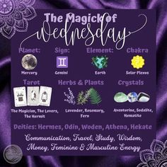 The Magick of Wednesday 🖤 #wednesday #wednesdaymagick #wednesdaycorrespondences #wednesdaydeities #wednesdayplanet #signs #element #chakra #tarot #herbsandplantsforwednesday #crystals #wednesdaycrystals #willowwitchcraft @willow.witchcraft Witchcraft Weekdays, Mongolia Recipes, Wednesday Magickal Correspondences, Wednesday Witchcraft, Wednesday Rituals, Wednesday Spells, Wednesday Magick, Daily Witchcraft, Chakra Tarot