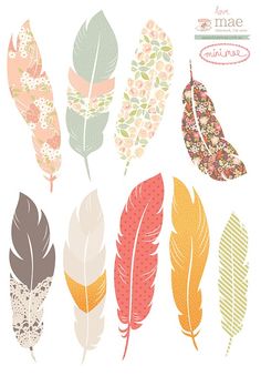 an assortment of different colored feathers on a white background with the words love and made written in