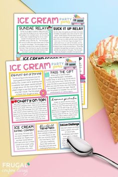 an ice cream party flyer with a scoop of ice cream next to it