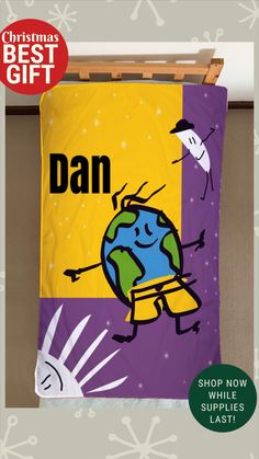 a banner with the words dan on it and an image of a man holding a globe