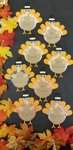 a bunch of turkeys that are on top of some leaves and fall leaves with the words happy thanksgiving written on them