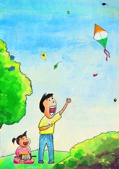 a drawing of a father and daughter flying kites