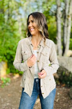 The utility safari jacket is now in our luxurious Taissa Twill, to provide you with fall-ready top layer. It features button-up front with a classic collar, 4 flap pockets, raw edges, and twill tape details. Taissa Twill: 70/30 Rayon/Tencel. 2x1 Rib Inserts: 48/48/4 Cotton/Modal/Spandex Center Front: ~22.5" Center Back: ~24" Color Description: Warm clay beige Preshrunk Machine washable Item # 14633W Shapewear Swimsuit, Boho Soul, Safari Jacket, Sneaker Heels, Swimsuit Cover, Boots Outfit, Sweater Coats, Twill Tape, Denim Pants