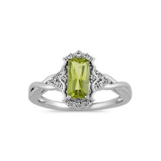 Vintage Green Natural Peridot and White Natural Sapphire Ring | Shane Co. Elegant Peridot Diamond Ring With Center Stone, Classic Peridot Gemstone Diamond Ring, Classic Peridot Diamond Ring, Elegant Rectangular Peridot Rings, Classic Peridot Jewelry With Accent Stones, Classic Peridot Jewelry With Halo Setting, Elegant Peridot Ring With Center Stone, Elegant White Gold Ring With Peridot, Classic Peridot Birthstone Ring