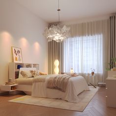 a bedroom with a bed, nightstands and lamps on either side of the window