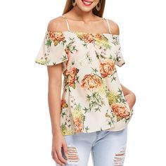 Floral Print Cold Shoulder Blouse - Multi - 3Q71985812 - Women's Clothing  #WomensClothing #Women's #Clothing Patch Blouse, Cocktail Wear, Spandex Shirts, Cheap Blouses, Clothing Sites, Cold Shoulder Blouse, Fashion Materials, Fashion Dresses Casual, Top 4