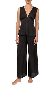 Everyday Ritual Wide Leg Satin Pajamas | Nordstrom Chic Silk V-neck Sleepwear, Satin V-neck Evening Set, Sleeveless Sets For Date Night, Elegant V-neck Night Sets, Chic Satin Sleepwear For Loungewear, Modal Satin V-neck Sleepwear For Loungewear, Chic Satin Sleepwear For Evening, Chic Satin Sleepwear, Chic Satin Evening Sleepwear