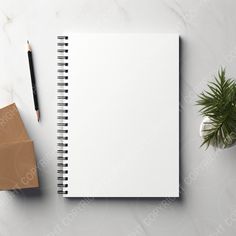 an open notebook next to a pen and plant on a white table with marble background