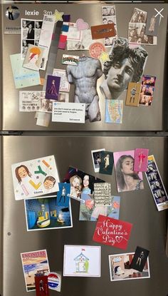 a refrigerator covered in magnets and pictures