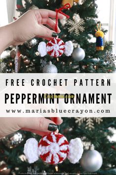 a crocheted peppermint ornament hanging from a christmas tree with text overlay