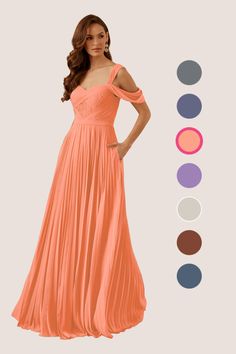 a woman in an orange dress standing next to color swatches and the image shows different colors