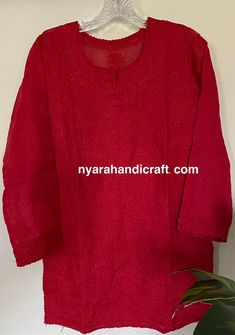 "Soft cotton Chikankari hand embroidered blouse. Matching liner Included. Length: 30 inches Color: Red \"Embroidery designs vary \"" Hand Embroidered Blouse, Short Blouse, Peach Blouse, Navy Blue Blouse, Short Blouses, Red Tops, Red Embroidery, Embroidered Shorts, Embroidered Blouse