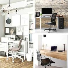 four different pictures of a home office with brick walls and white furniture, including desks