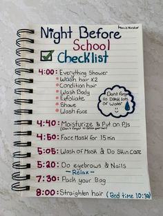 a notebook with the words night before school checklist written on it