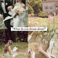 a collage of photos with flowers and people in the background, including an image of a bride and groom