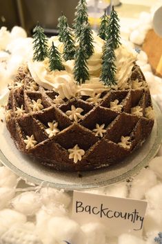 a chocolate cake with white frosting and pine trees on top is sitting on a glass platter