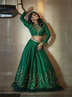 Midnight Green - bAnuDesigns Luxury Green Top For Eid, Luxury Green Blouse Piece For Festive Occasions, Affordable Green Blouse For Eid, Lehenga With Full Sleeve Blouse, Green Silk Lehenga, Manpreet Toor, Green Monochrome, Green Lehenga Choli, Moisture Absorber