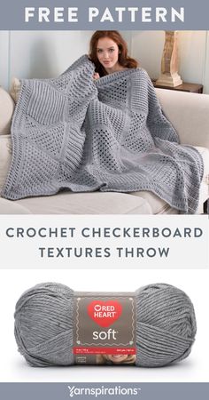 the crochet checkerboard textures throw is shown in grey