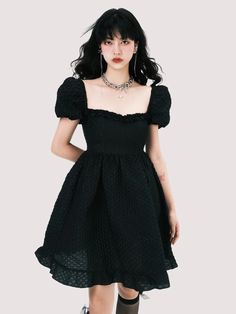 Jacquard Square Neck Puff Sleeve Dress - LuluSwings – ARCANA ARCHIVE Square Neck Puff Sleeve Dress, 80s Inspired Outfits, Dark Beauty Fashion, Goth Prom, Square Neckline Dress, Prom Inspiration, Elegant Texture, Square Neck Dress, Outfits 2023