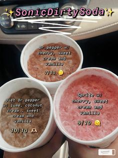 three bowls filled with different types of ice cream and toppings in front of a car dashboard